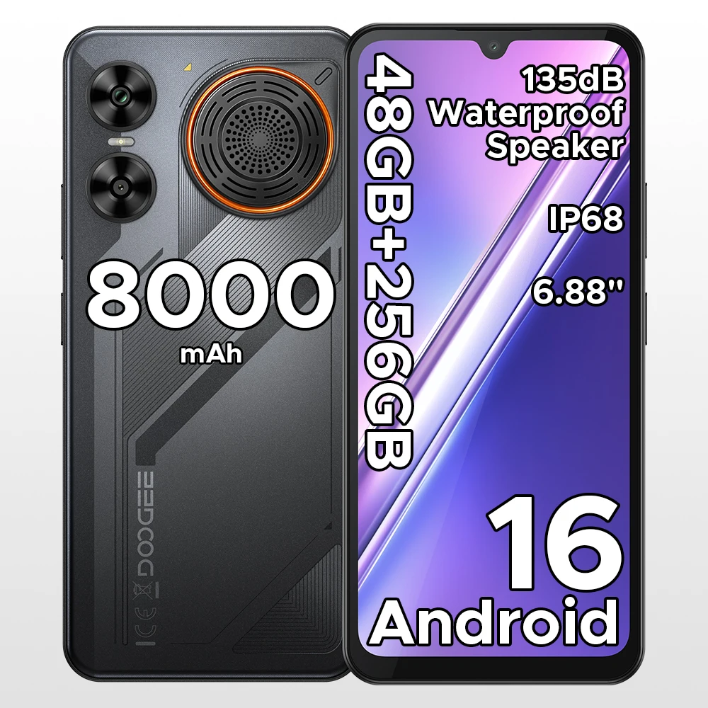 DOOGEE M30 Smartphone 8000mAh 6.88'' Screen 48GB RAM(6GB+42GB) 256GB ROM 64MP Camera 135dB Speaker Android 16 Cell Phone NFC