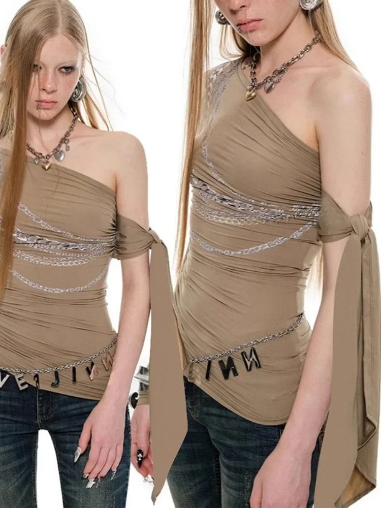 Inclined Collar T Shirts For Women Y2k Clothes Chain Printed Tops Bandage Sleeve Camisetas Slim Fit Ropa De Mujer Club Outfit