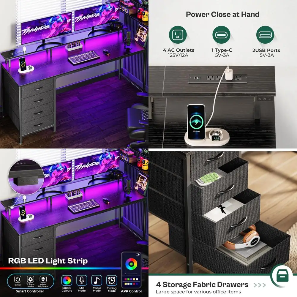 

63 Gaming and Office Desk with 4 Drawers, Power Outlets, LED Lighting, and Monitor Stand