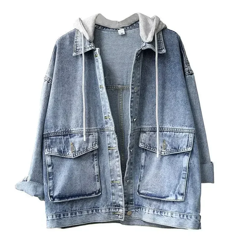 Korean Denim Jackets Women Spring New Casual Loose Slimming Oversize Hooded Vintage Jeans Coats Female Solid Jean Jacket Woman