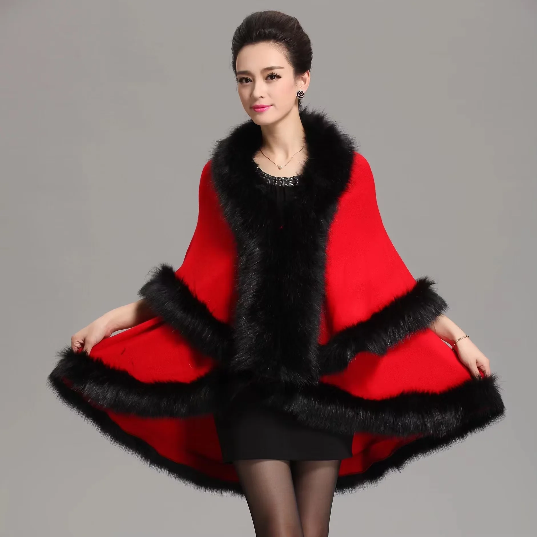 11 Colors Women Faux Fox Fur Collar Oversize Coat Winter Warm Long Knitted 2 Layers Poncho Cape Cashmere Loose Shawl Streetwear