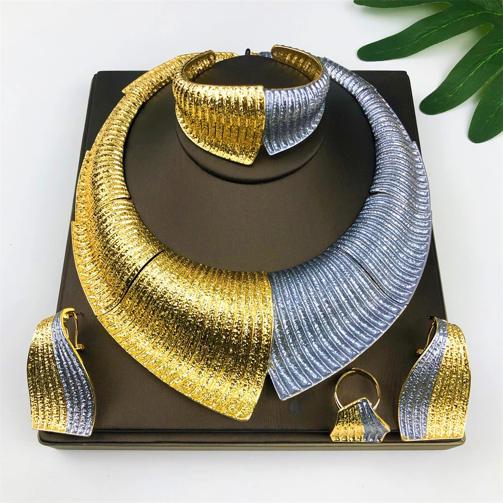 Round Chunky Choker Dubai Gold Plated Jewelry Set Collar Necklace Drop Earrings Bracelet Ring African Bridal Wedding Party Gifts