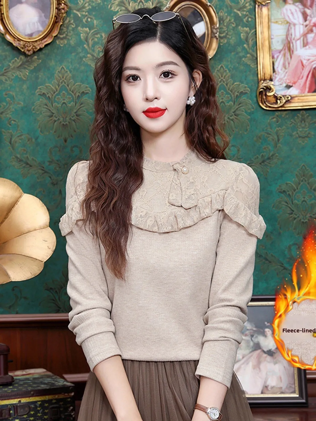 

Lace Splice Fce Lined Thi Long Sve Women's Base irt Ele Sle Slimming Top for Autumn Winter Faion