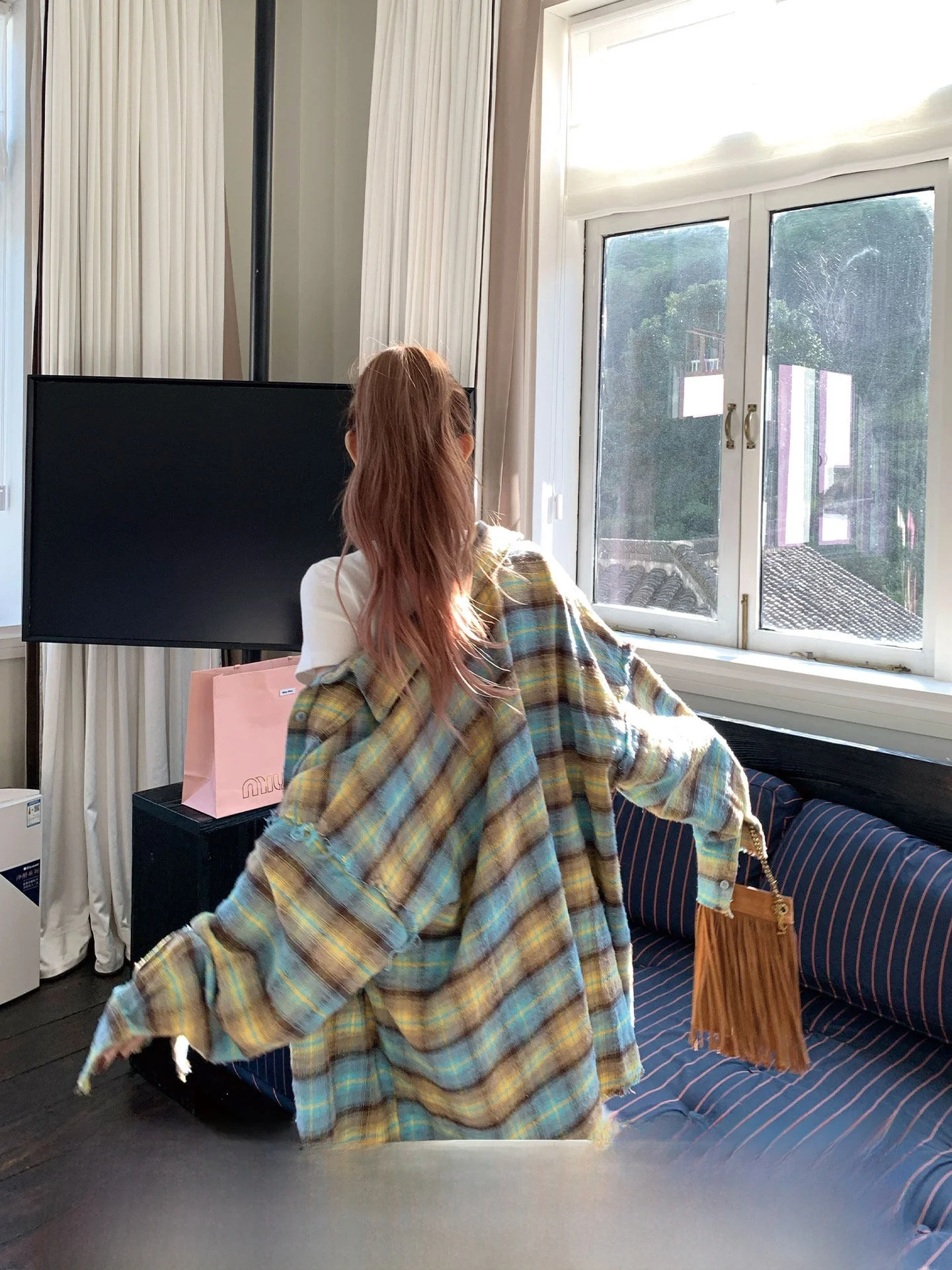 

Okaaay Early Spring American Retro Plaid Flocking Long Sleeve Casual Loose Women's Shirt Spring Field Row Loose Coat