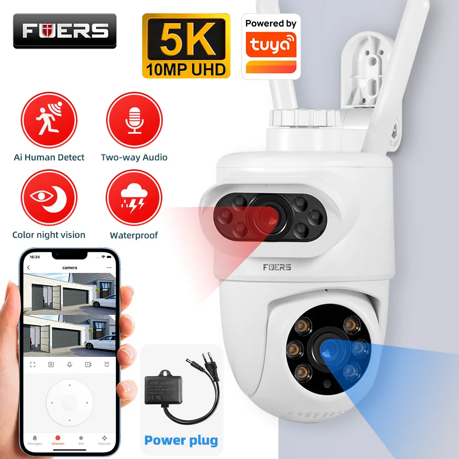 

FUERS 5K 10MP Dual Lens Outdoor Camera Pan/Tilt Security Wi-Fi Camera 360° Motion Tracking Works With Alexa Home Tuya Smart APP