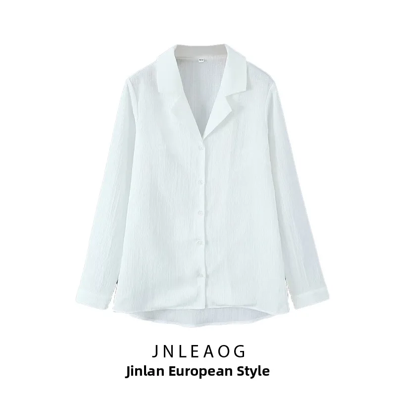 قميص نسائي أنيق جديد من JNLEAOG لفصل الخريف بتصميم عصري وياقة بدلة وأكمام طويلة من البوليستر فضفاض وغير رسمي