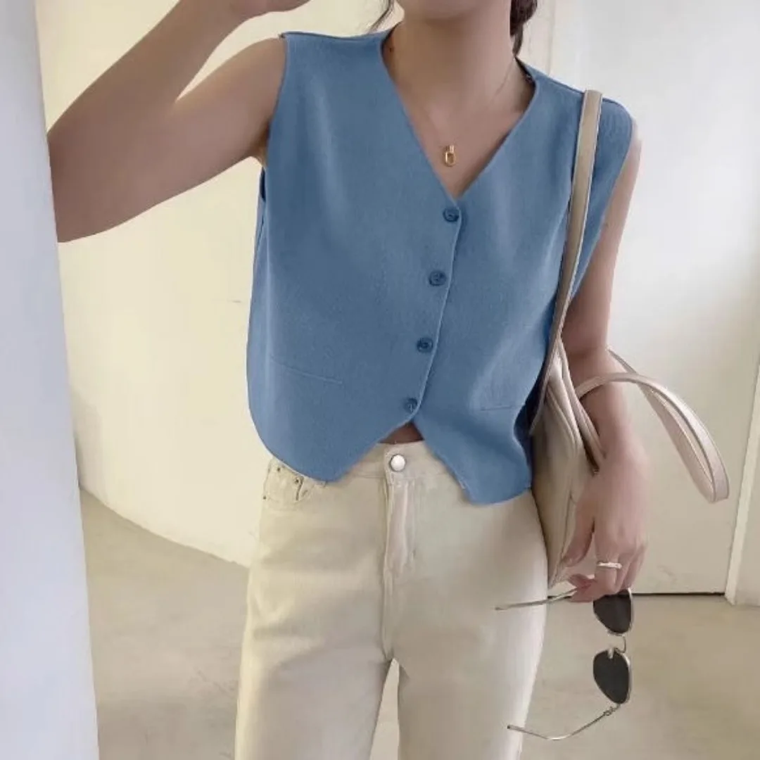 

Шикарный женский вязаный жилет с v-образным вырезом, короткий кардиган без рукавов, однобортное винтажное однотонное тонкое пальто, футболка, укороченные топы, новинка