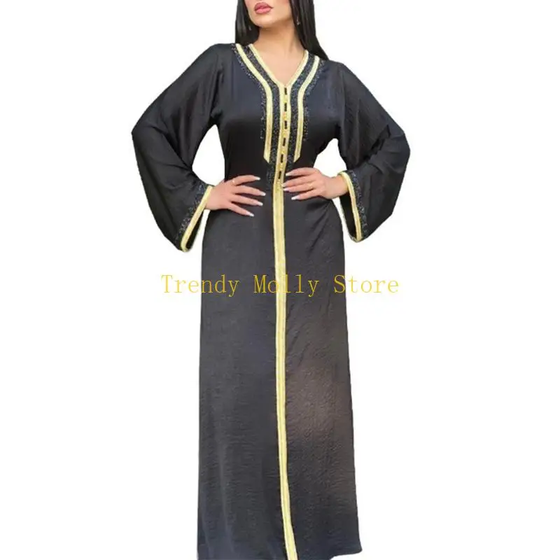 

N5KB Ramadan Muslim Diamond Design Dresses Abayas Dubai Casual Kaftan Robe Ribbon Ethnic Costumes with Long Sleeve for Womens