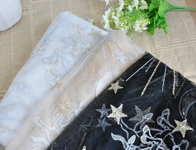 Black and white pink apricot mesh embroidery lace fabric sky fly Maka through the stars and moon summer accessories