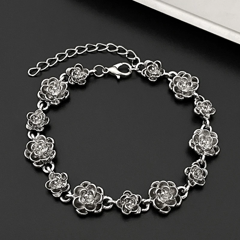 Vintage Carved Rose Flower Chain Bracelet Bangle For Women Geometric Handmade Link Adjustable Bracelets Wedding Party Jewelry