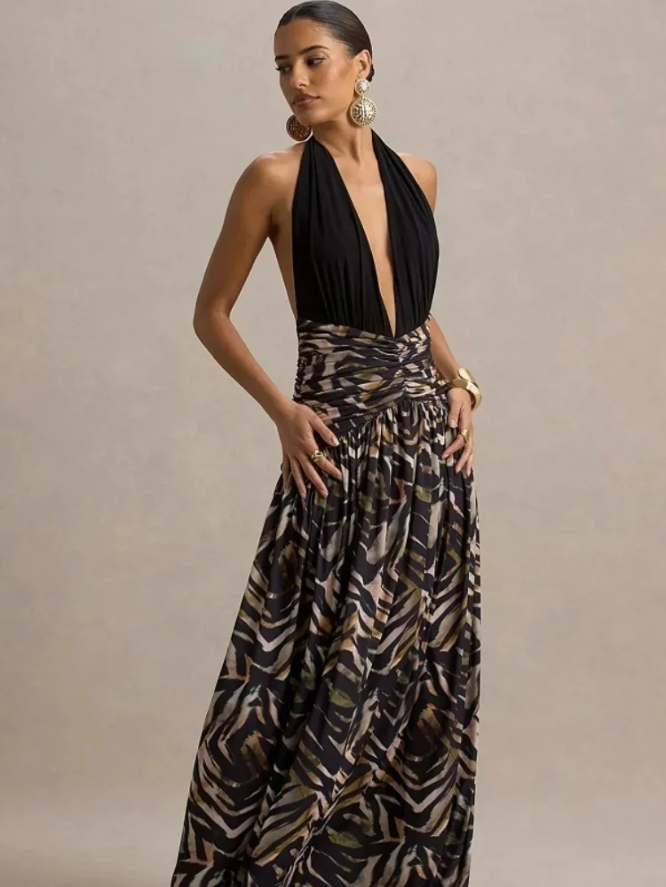 

Women Printed Patchwork Halter Dress Fashion Sleeveless Backless High Waist Pleated Maxi Robe Summer Vacation Beach Daily Gowns