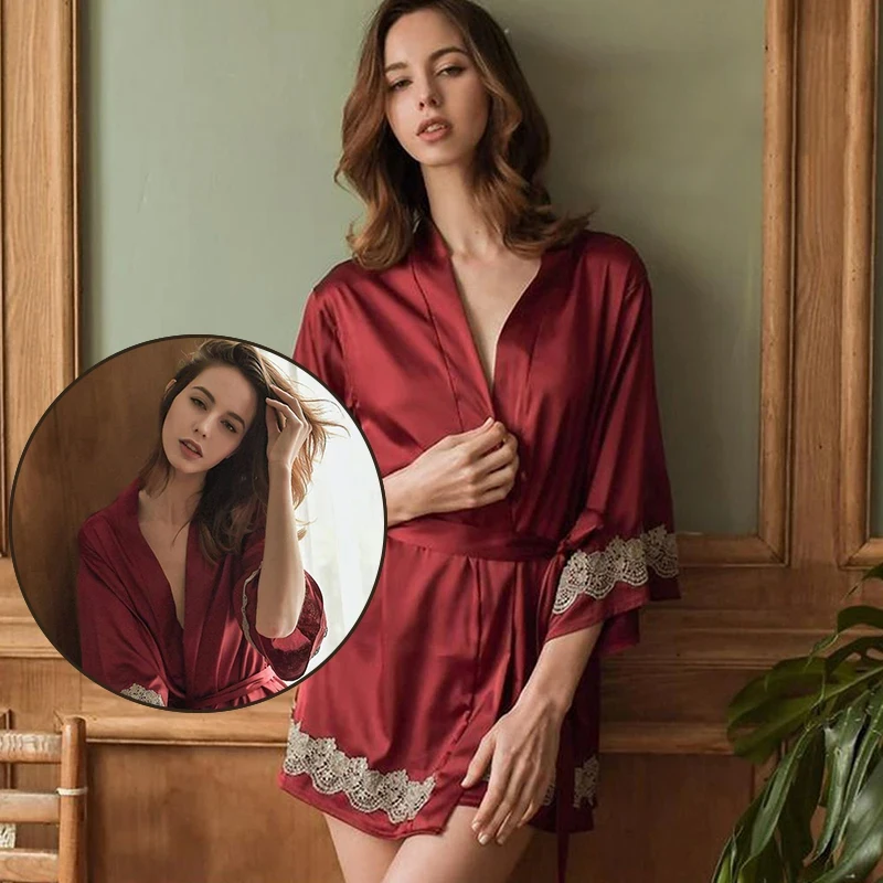 Ladies' Red Sexy Lace Embroidered Flower Satin Belt Robe Temptation Satin Red V-Neck Sexy Robe Women Sexy Pajamas