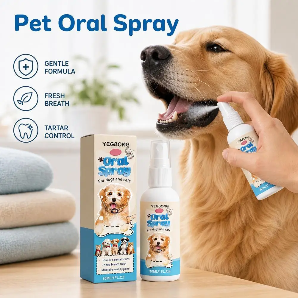 Pet Oral Spray Dog Cat Bad Breath Freshener Teeth Cleaning Tartar Calculus Removal Vet Grade No Brush Dental Health Care 30ml