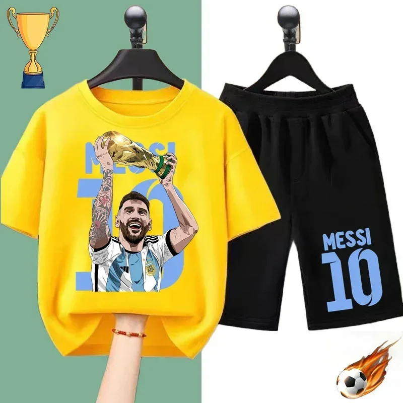 Summer Kids T-shirt Soccer star Messi Print Sports Boys Girls Casual short sleeve shorts Fashion Black shirt Sports shirt set