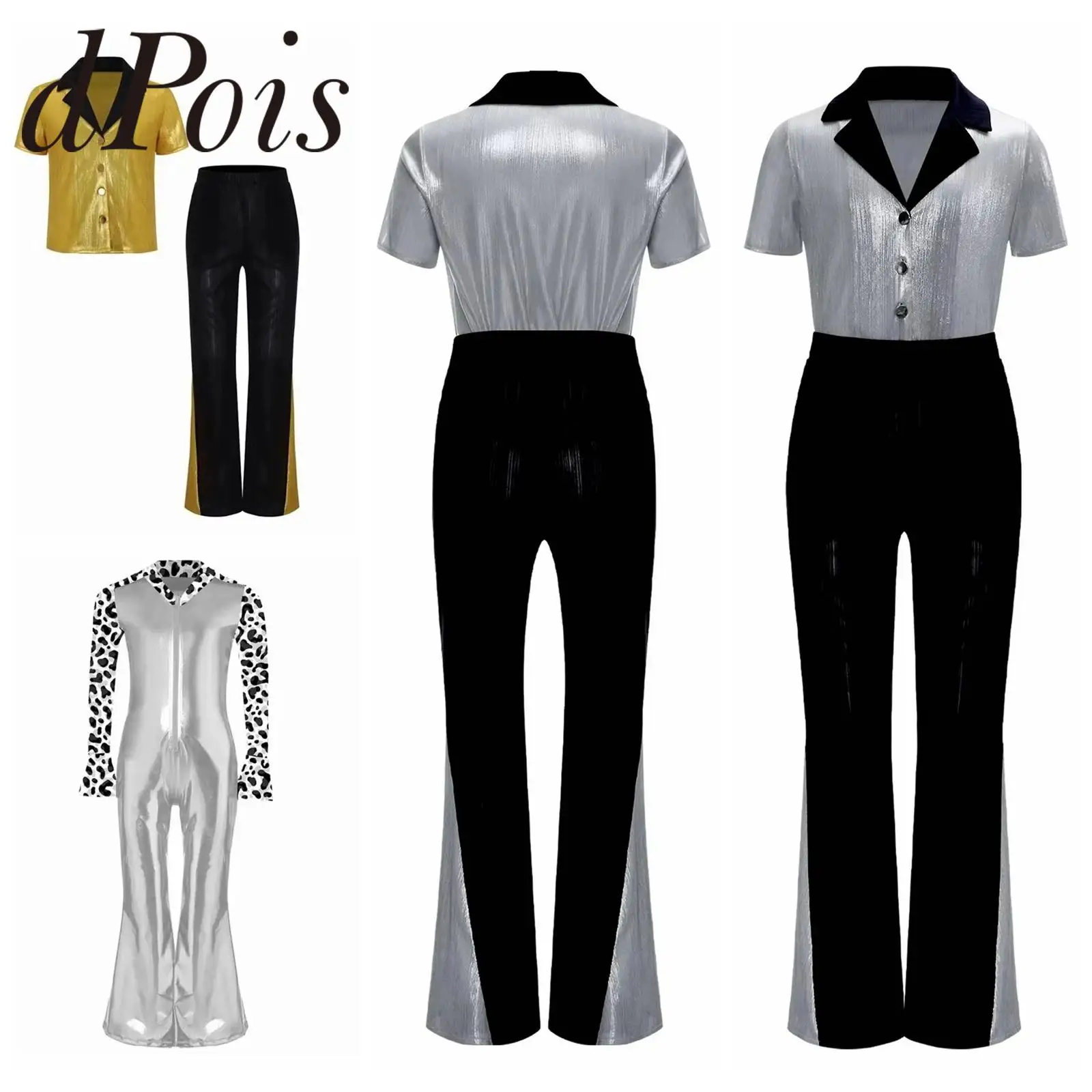 

Детский костюм для диско-вечеринки 60-х и 70-х годов, расклешенные блестящие металлические костюмы хиппи, наряды на Хэллоуин, брюки-клеш на молнии, комбинезон