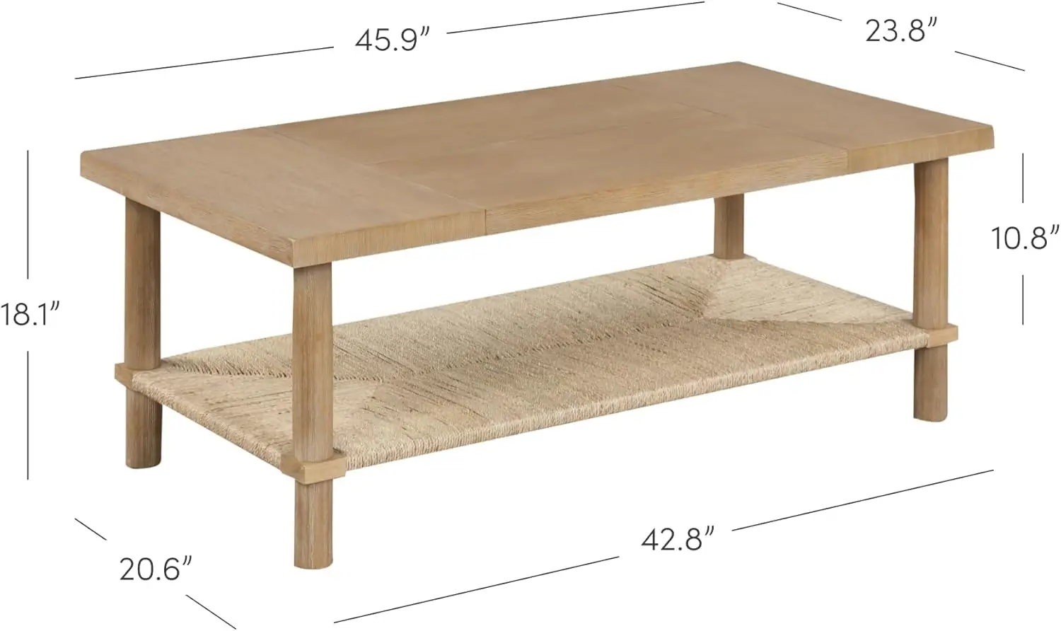 Coffee Table with Storage, 2-Tier Rectangle Coffee Table with Solid Wood Legs and Seagrass Shelf, Light Brown