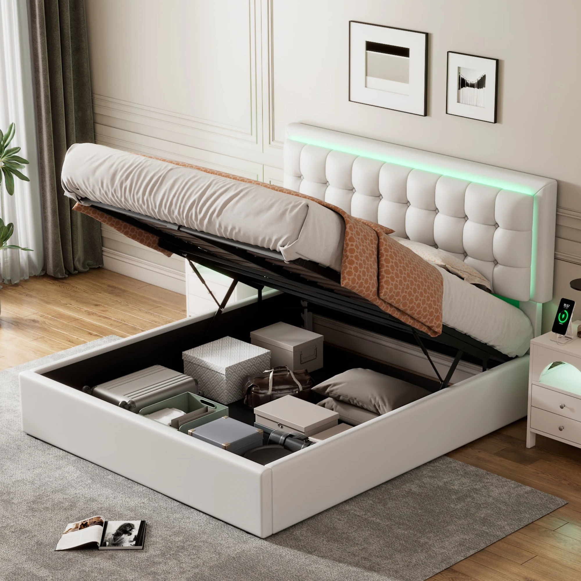 Queen Size Tufted Upholstered Platform Bed with Hydraulic Storage System, LED Lights, White  82.70x66.50x45.30 in.