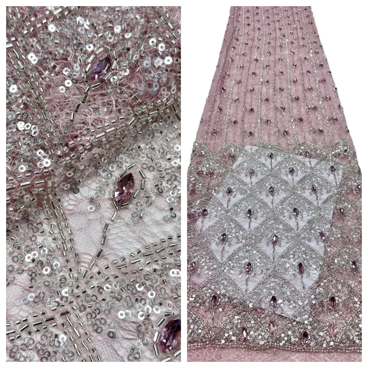 

Luxury Elegant Beaded Lace Fabric 5 Yards Nigerian Sequins Mesh for Women's Party Dress African Handmade Sewing