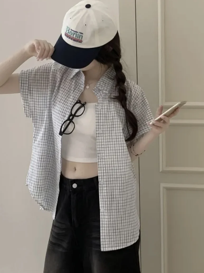 

Slimming Plaid Short Sleeve Shirt Women's Loose Casual Style Korean Version Summer Single Button Cardigan Top Trendy