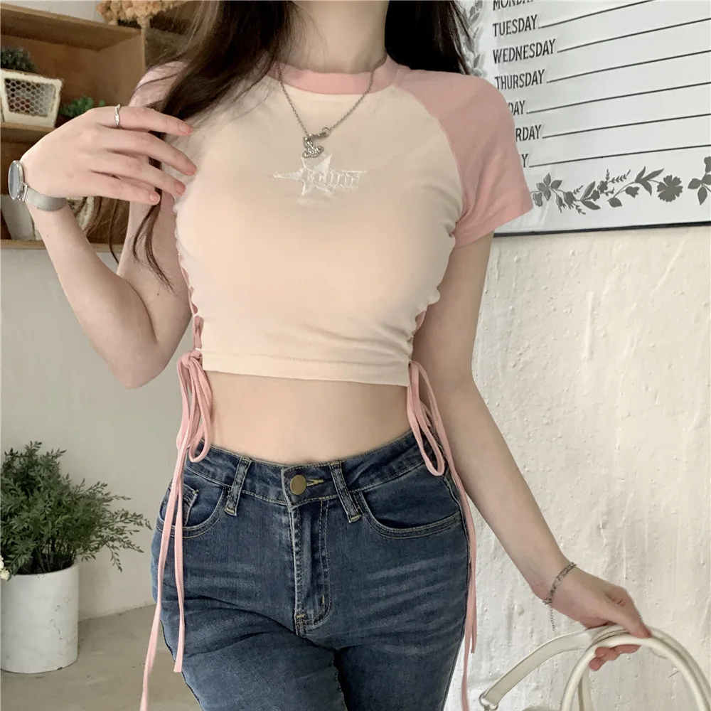 

2025 Ropa Mujer Sexy Woman Tshirt Bandage Slim Waist Hollow Out T Shirt Summer Korean Casual T-shirts Crop Tops Shirts for Women