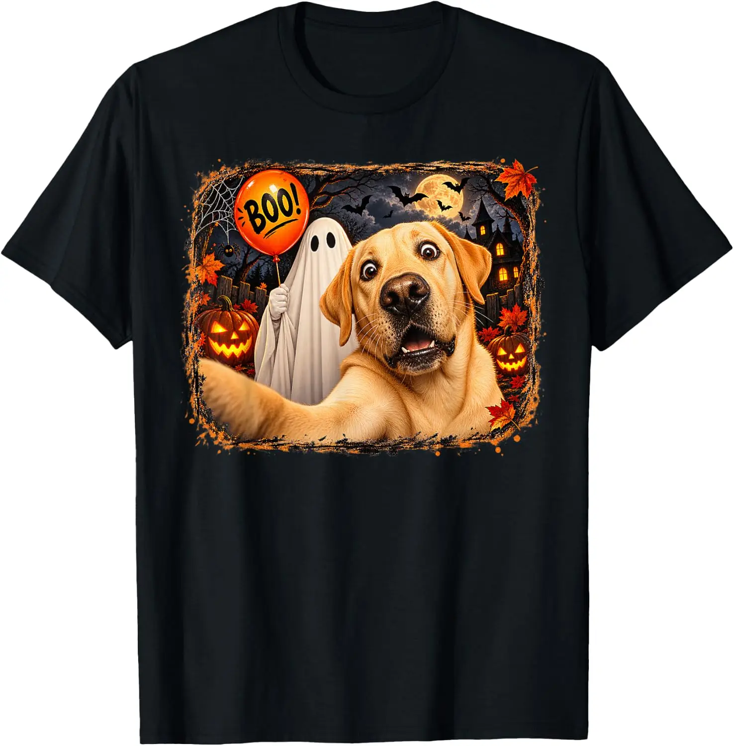 Funny Yellow Labrador Dog Ghost Halloween Selfie Costume T-Shirt vintage style tee  boxy fit tee black graphic tee 100% cotton men