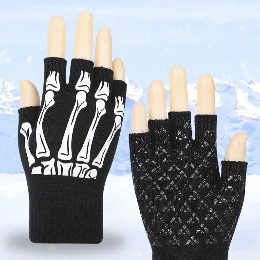 Black Punk Skeleton Gloves Knitted Ghost Claw Skull Half Finger Gloves Thicken Stretch Halloween Skeleton Gloves Moto Riding