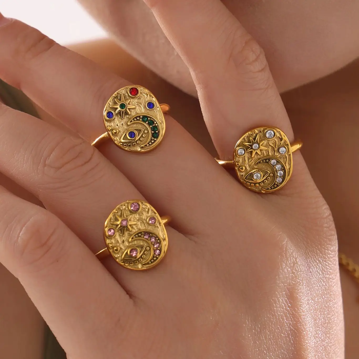 Nivora Vintage Teufel Auge Edelstahl Ringe Für Frauen Metall Textur Luxus Zirkon Mond Sonne Attraktive Frauen Ringe Schmuck