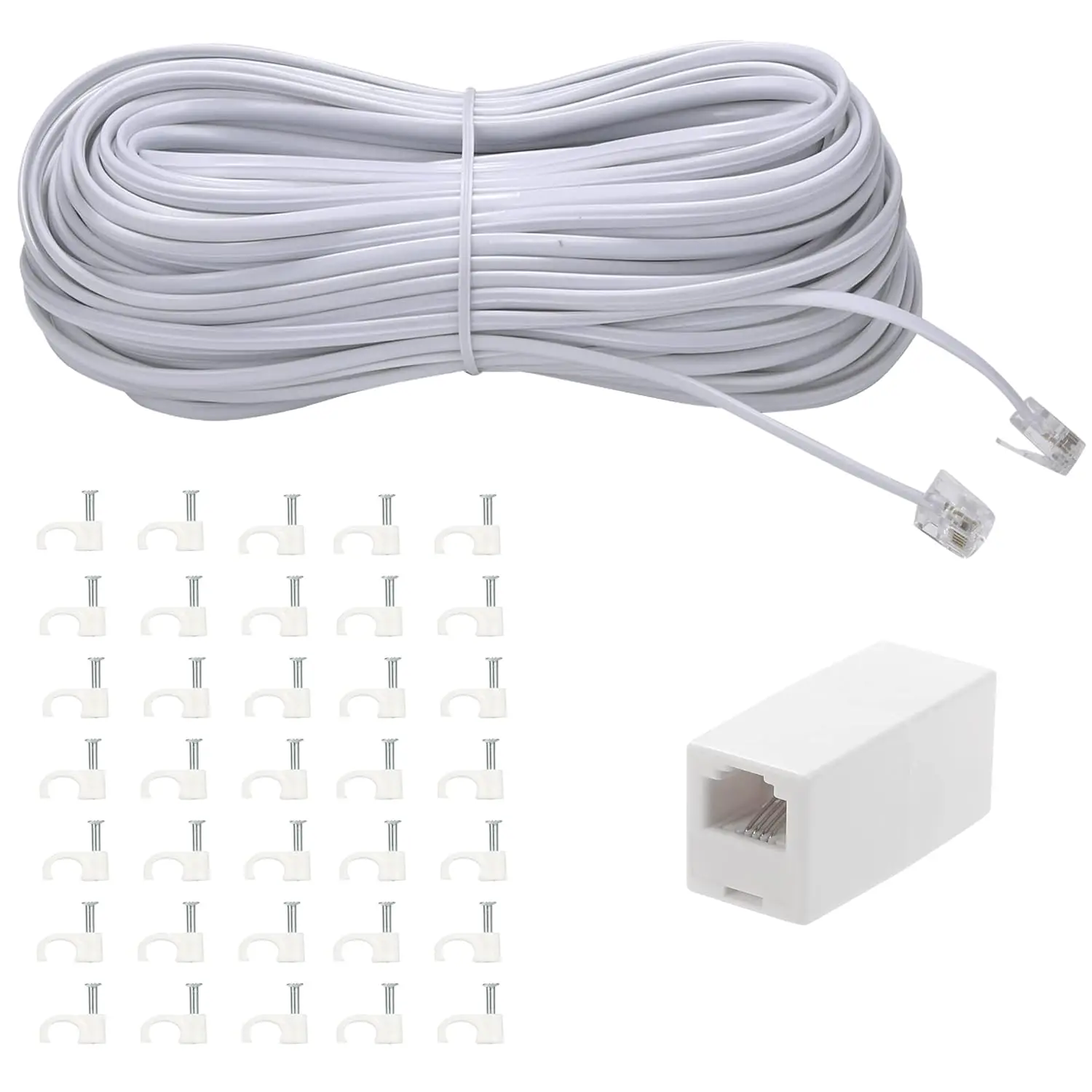 100ft Telephone Extension Cord with RJ11 Plug, In-Line Coupler, and Cable Clips - White