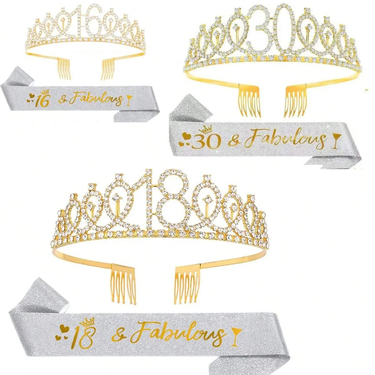 2 stücke Silber Gold fabelhafte Schärpe & Strass Tiara Set, Geburtstag Schärpe/Tiara für Frauen Geburtstags feier Dekoration
