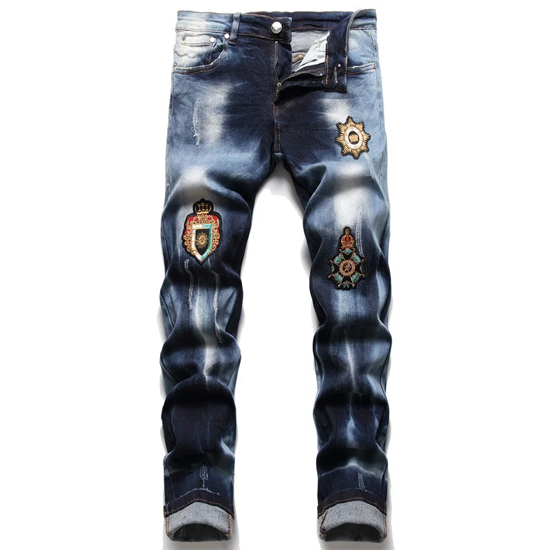 

Men's Fashion Badge Embroidered Jeans Stretch Slim Worn Pencil Pants Midwaist Casual High Street Hip Hop Pants Blue Male Pants