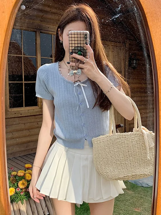 

Sweet Lace Splice Short Sleeve Knitted T-Shirt plus Size Women's Summer New Style Shoulder Length Trendy Top Korean Style Sli...