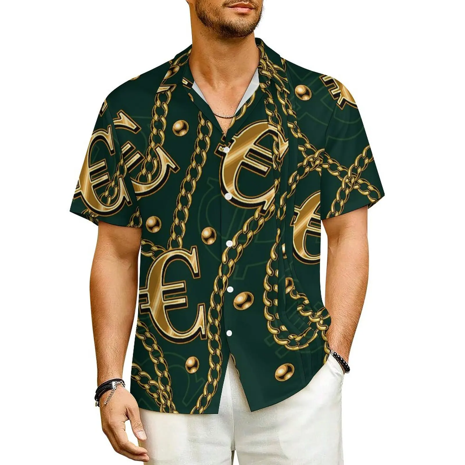 

Gold Chains Beach Shirt Male Beads Print Trendy Casual Shirts Hawaiian Short Sleeve Stylish Graphic Oversized Blouses Gift