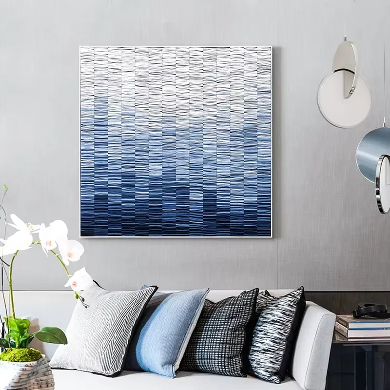 Blue Gradient Abstract Sea Wave Modern Living Room Dazzle Decorative Painting Background Wall Art square Hanging Picture