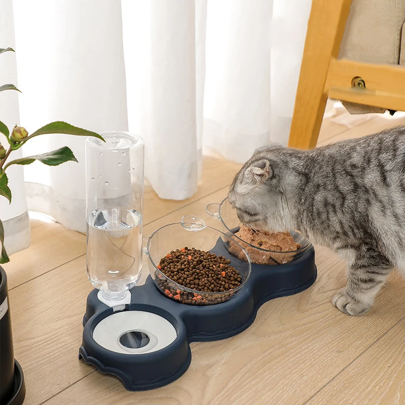 Pet Cat Bowl Automatic Feeder 3-in-1 Dog Cat Food Bowl With Water Fountain Double Bowl Drinking Raised Stand Dish Bowls For Cats