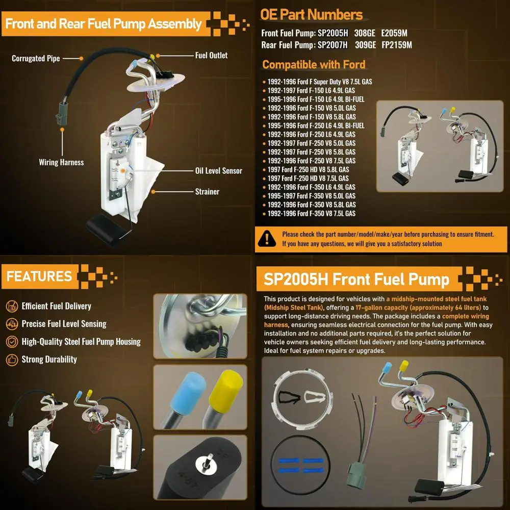 

SP2005H SP2007H Front and Rear Fuel Pump Assembly for Ford F150 F250 F350 F250HD F Super Duty 1992 1993 1994 1995 1996 1997 SP20