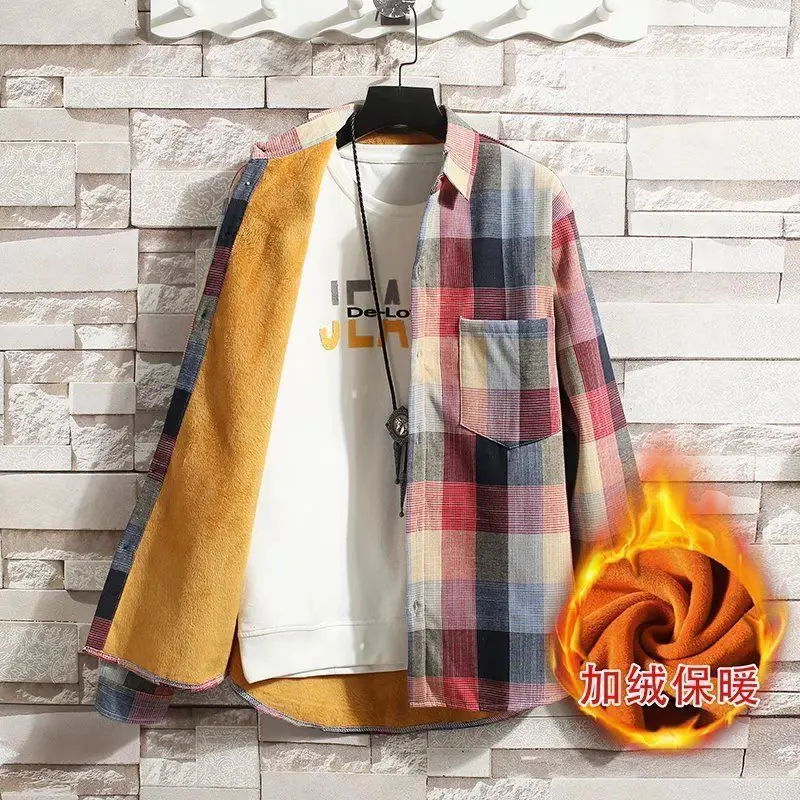 Checkered Shirt Men's Casual Plus Plush Thick Men's Long Sleeved Warm Shirt Student Korean Version Trendy Jacket