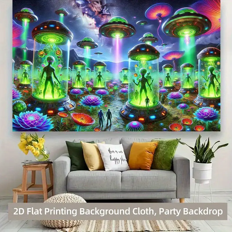 VIKAMA UFO Alien Invasion Tapestry Space Party Backdrop Sci-Fi Retro Wall Hanging Decoration for Bedroom Dorm Living Room