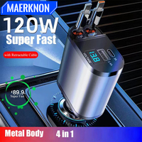 Total 120W Retractable Car Charger Car Phone Charger 4-in-1 Fast Charger Cigarette Lighter USB Car Charger Adapter for IPhone