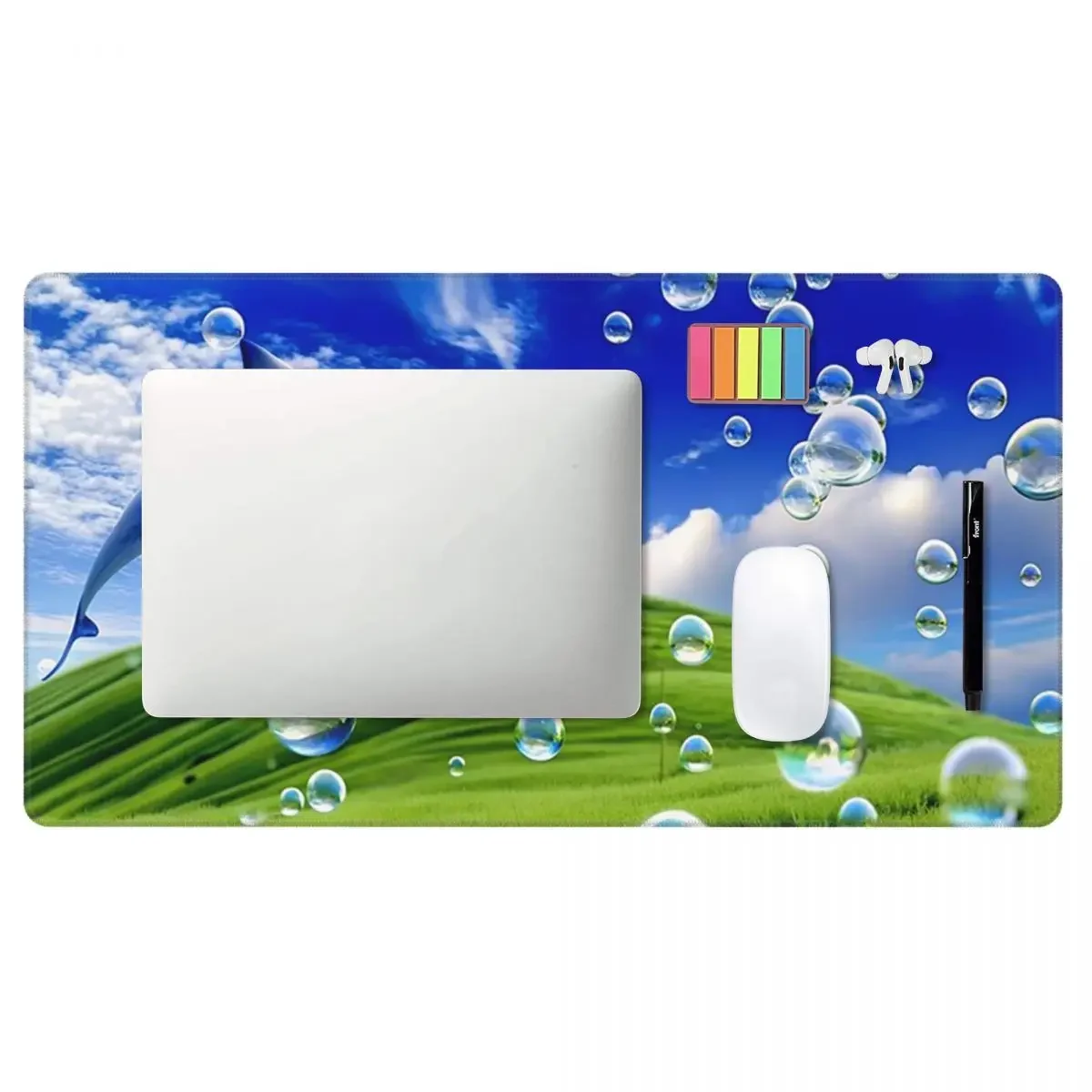 Large Mouse Pad Frutiger AeroDolphin  Aesthetic Meadow With BubblesAnd Mountains And Sky Gamer PC Laptop Mats Keyboard  Desk Mat