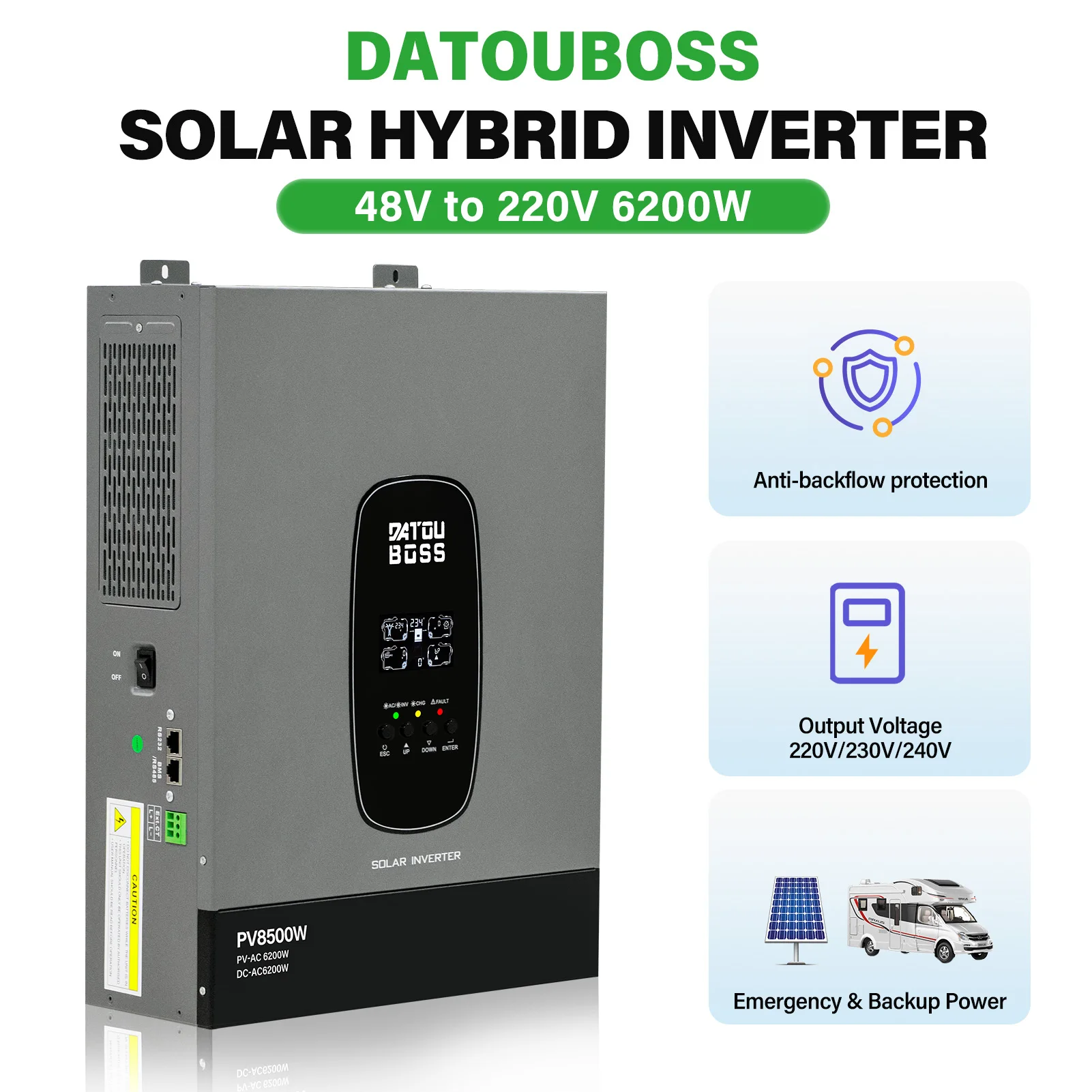 DATOUBOSS 6200W Solar Hybrid Inverter, 48V to 220V Pure Sine Wave, for Home Emergency Power Supply, Parallel Connection Supported