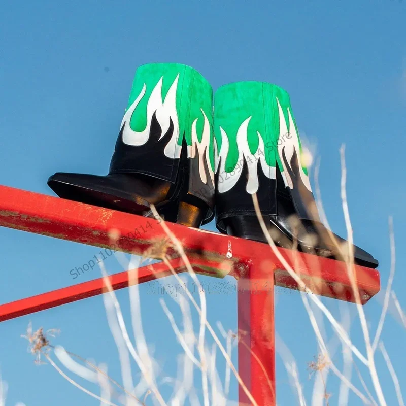 

Mixed Color Totem Design Turned Over Pointed Toe Boots Slip On Women Shoes Chunky Heels Fashion Banquet 2023 Zapatos Para Mujere