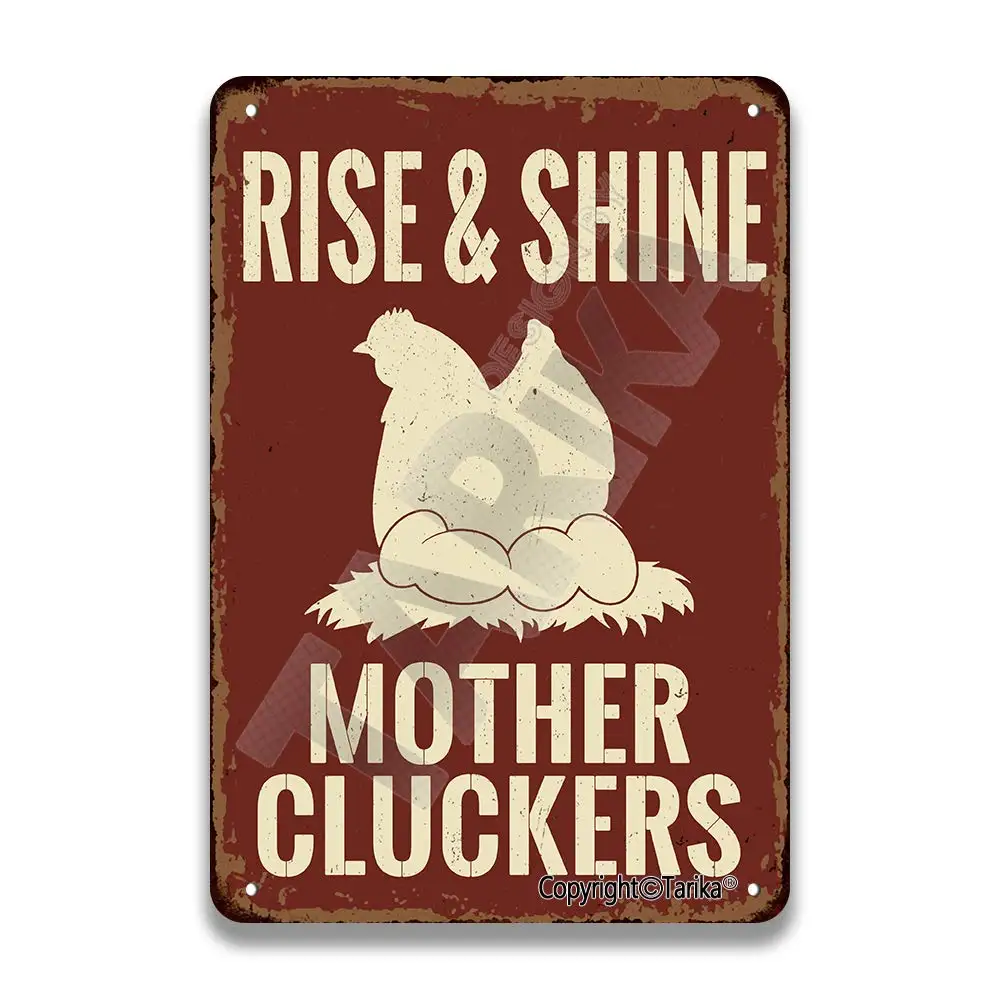 Rise and Shine Mother Cluckers Rooster Chicken Vintage Look Tin 20X30 cm Decoration Crafts Sign for Home Kitchen Bathroom Farm G