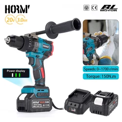 Hormy Brushless Electric Hammer Drill Cordless Screwdriver 150N.m 2-Speed Impact Drill Driver Power Tool For Makita 18V Battery