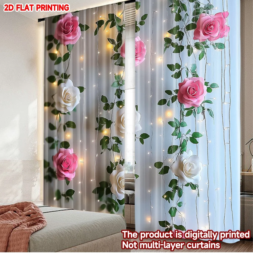 

2D flat printing 2pcs Curtain Drapes Valentine's Day Rose Digital Printed Polyester Drapes Birthday Party Use for Bedroom Office