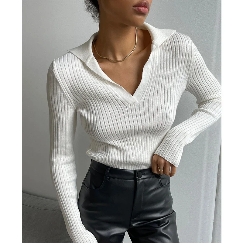 POLO collar knitted sweater 2024 autumn and winter temperament commuting slim fit pit stripe base pullover sweater for women