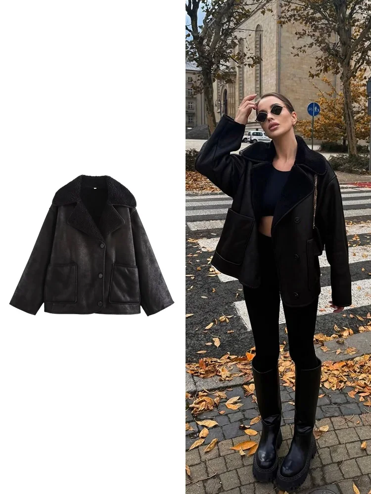 

BWQ женская меховая зимняя куртка с длинными рукавами и лацканами, уличная модная теплая верхняя куртка с подкладкой, осенне-зимняя новая женская куртка