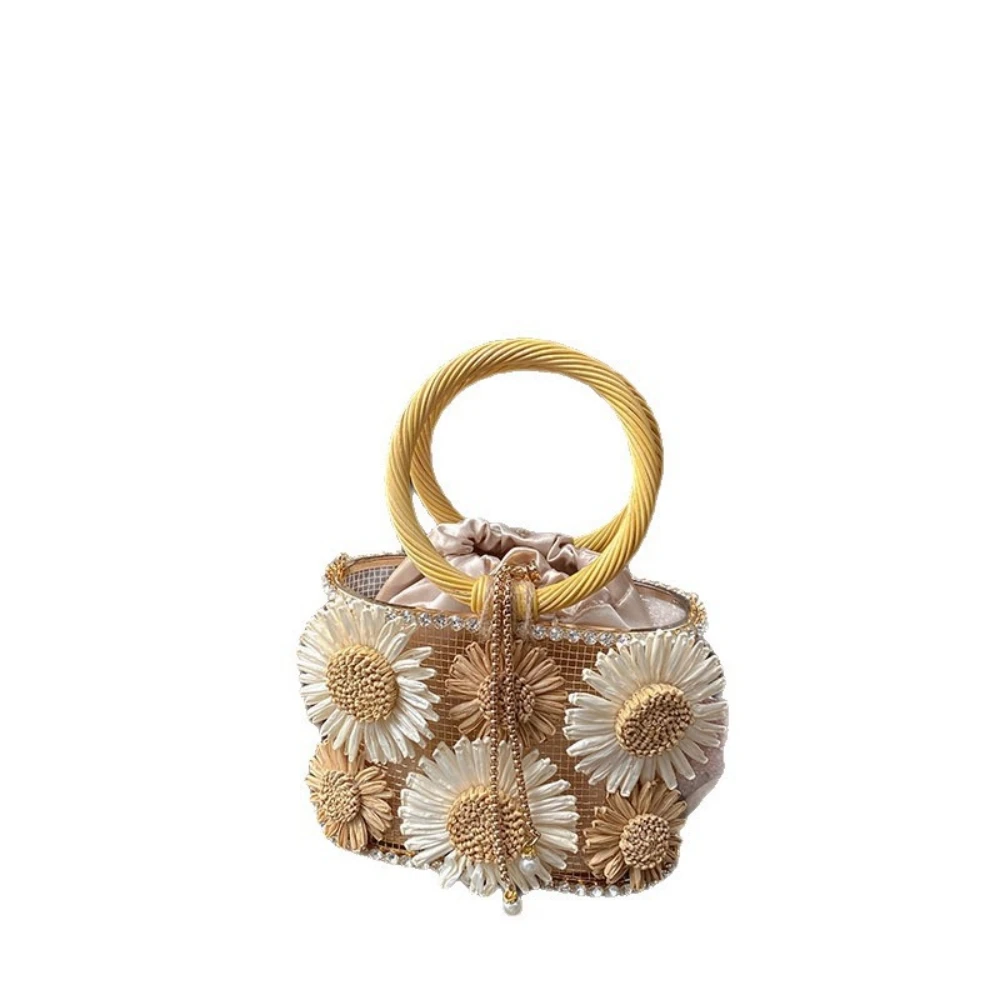 

Vintage Handbag Sunflower Birdcage Handbag Handmade Hollow-Out Rhinestone Beaded Chain Bag Basket Bucket for Women