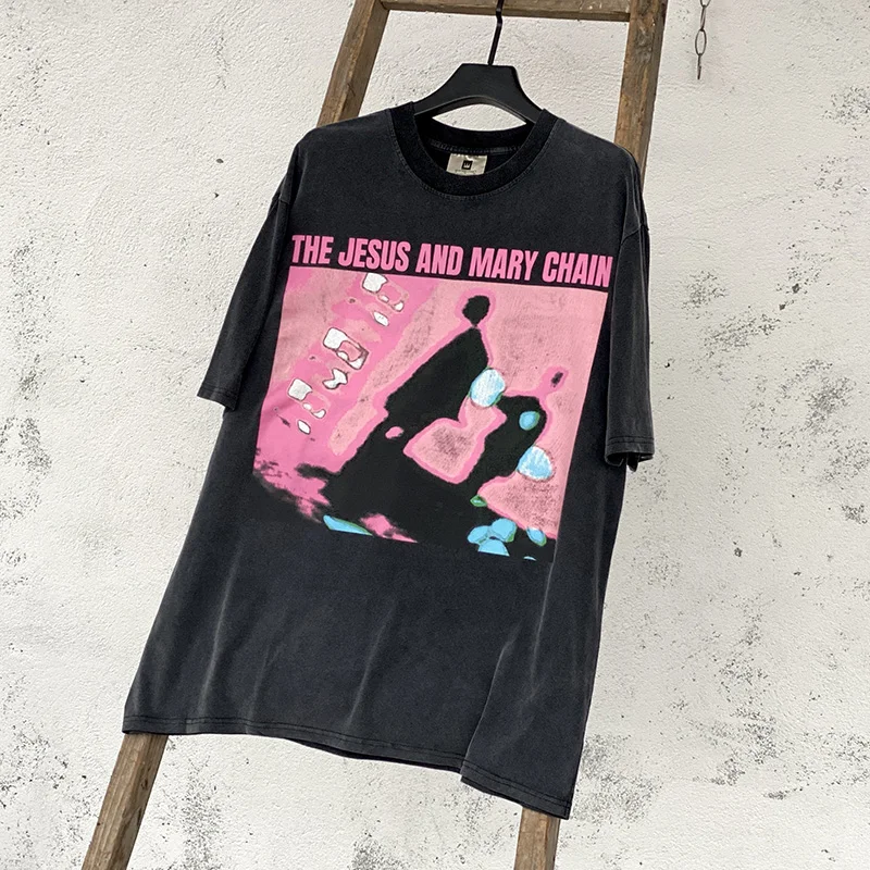 Abstract Characters Pink Graphics Print Saint T-Shirt Men Women High Street Vintage Washed Black Tee Top T Shirt