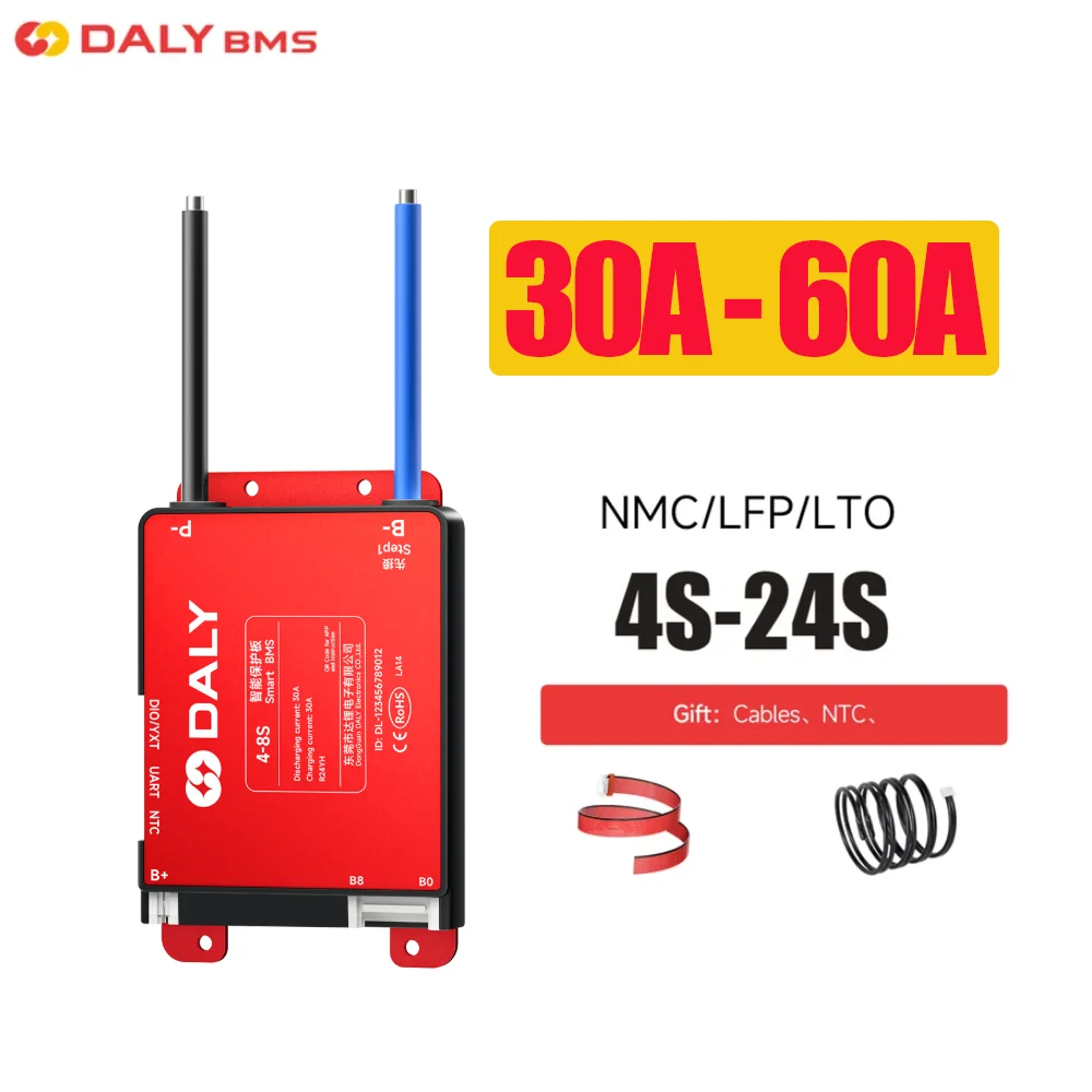 Daly Smart BMS UART 30A 40A 60A 4S-8S 7S-17S 7S-24S Smart Serial, Built-in Bluetooth, Lithium Battery Lifepo4 Li-Ion LTO