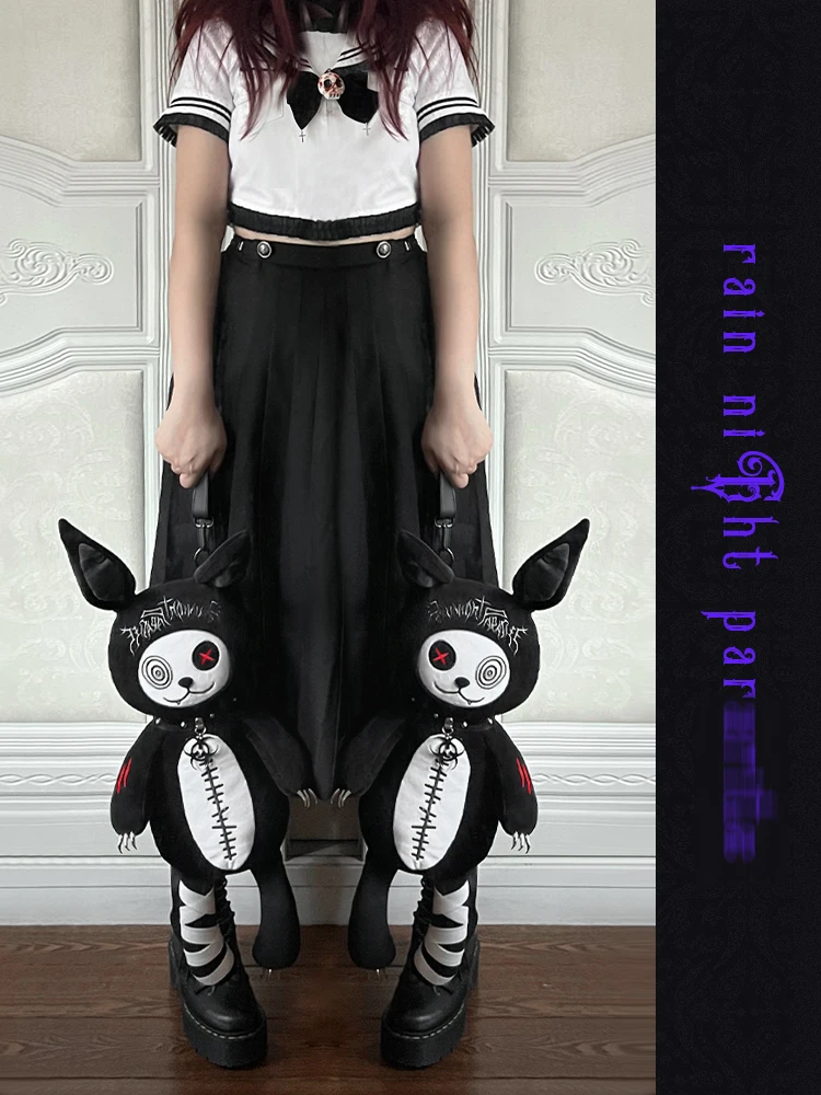 Sweet Cool Biochemical Rabbit Gothic Dark Black Plush Lolita Backpack Crossbody Bags Schoolbag Commute Shoulder Women\'s Bag